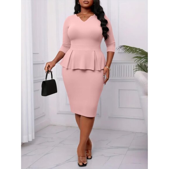 Plus Size Bodycon Dress for Women V-Neck Peplum 3/4 Sleeve Work Church - Picture 5 of 7
